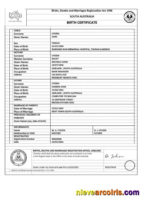 Australia Australian Capital Territory birth certificate, version 1